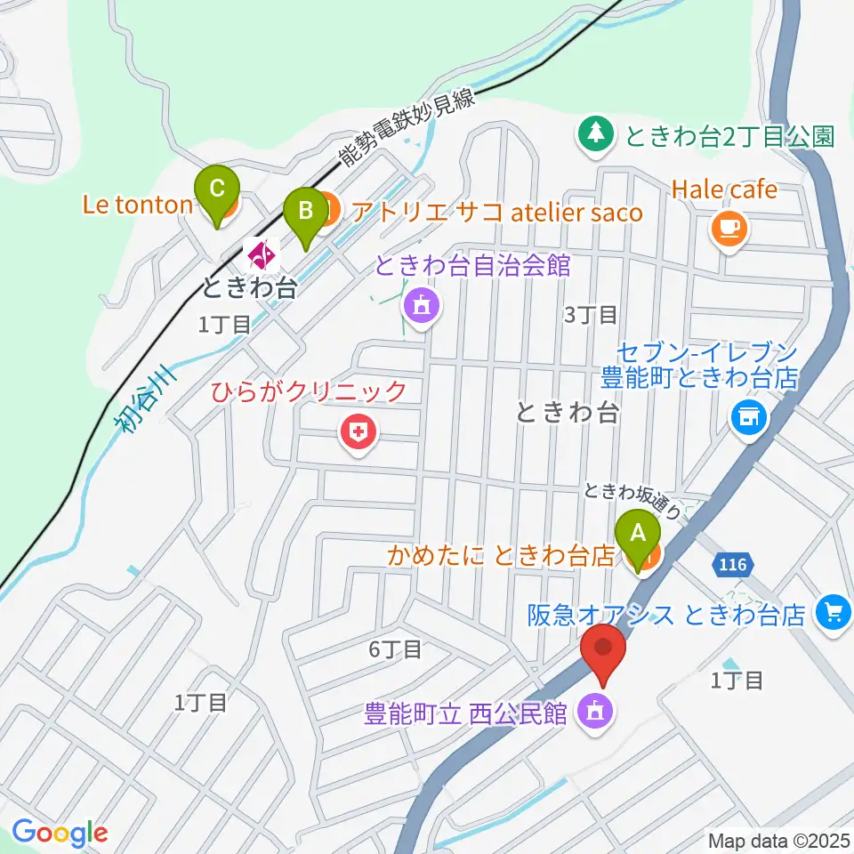 豊能町立ユーベルホール周辺のファミレス・ファーストフード一覧地図