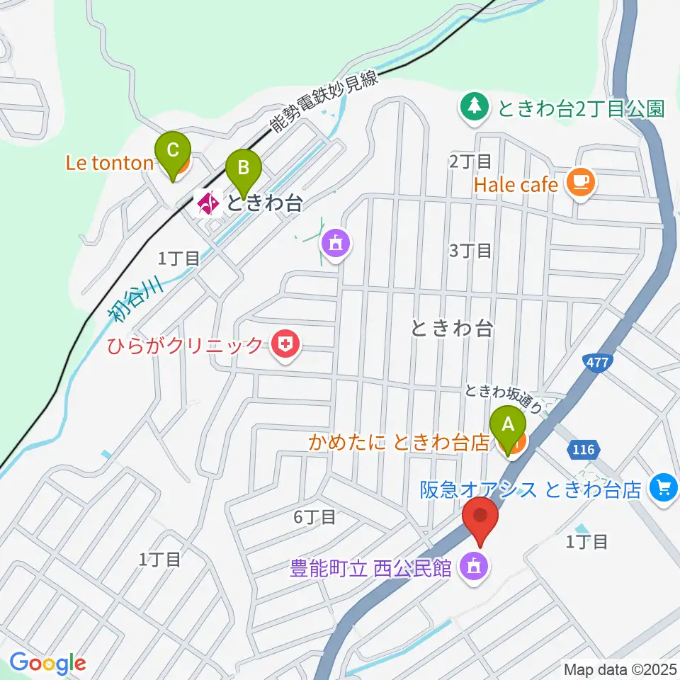 豊能町立ユーベルホール周辺のファミレス・ファーストフード一覧地図
