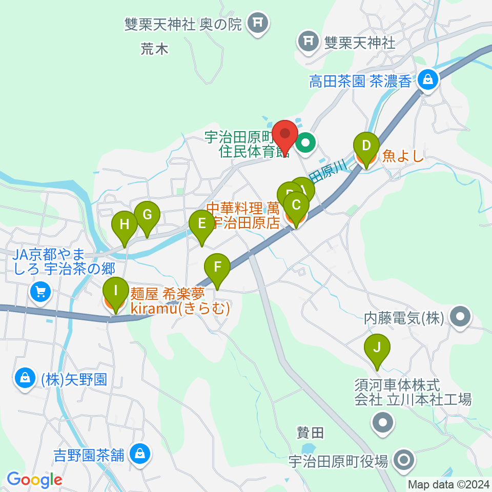 宇治田原町総合文化センター周辺のファミレス・ファーストフード一覧地図