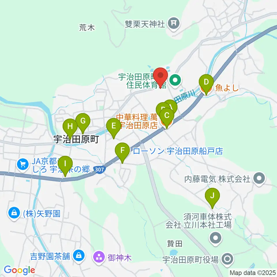 宇治田原町総合文化センター周辺のファミレス・ファーストフード一覧地図