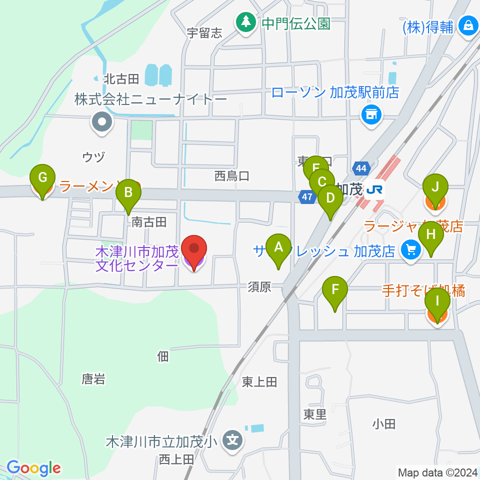 木津川市加茂文化センター あじさいホール周辺のファミレス・ファーストフード一覧地図