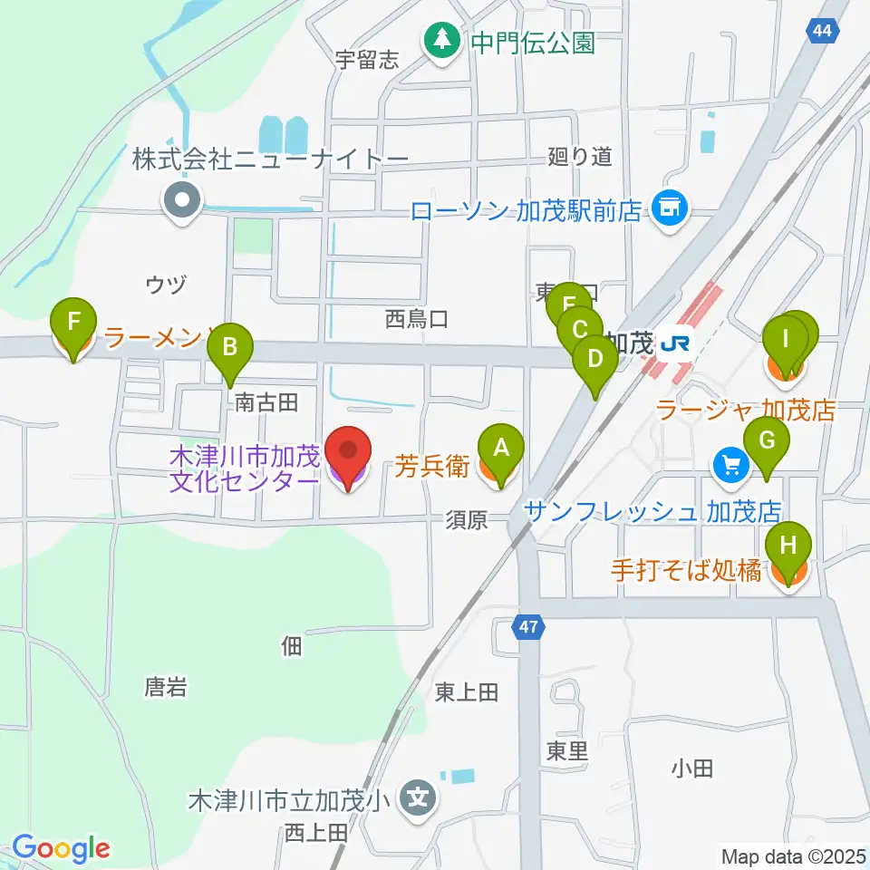 木津川市加茂文化センター あじさいホール周辺のファミレス・ファーストフード一覧地図