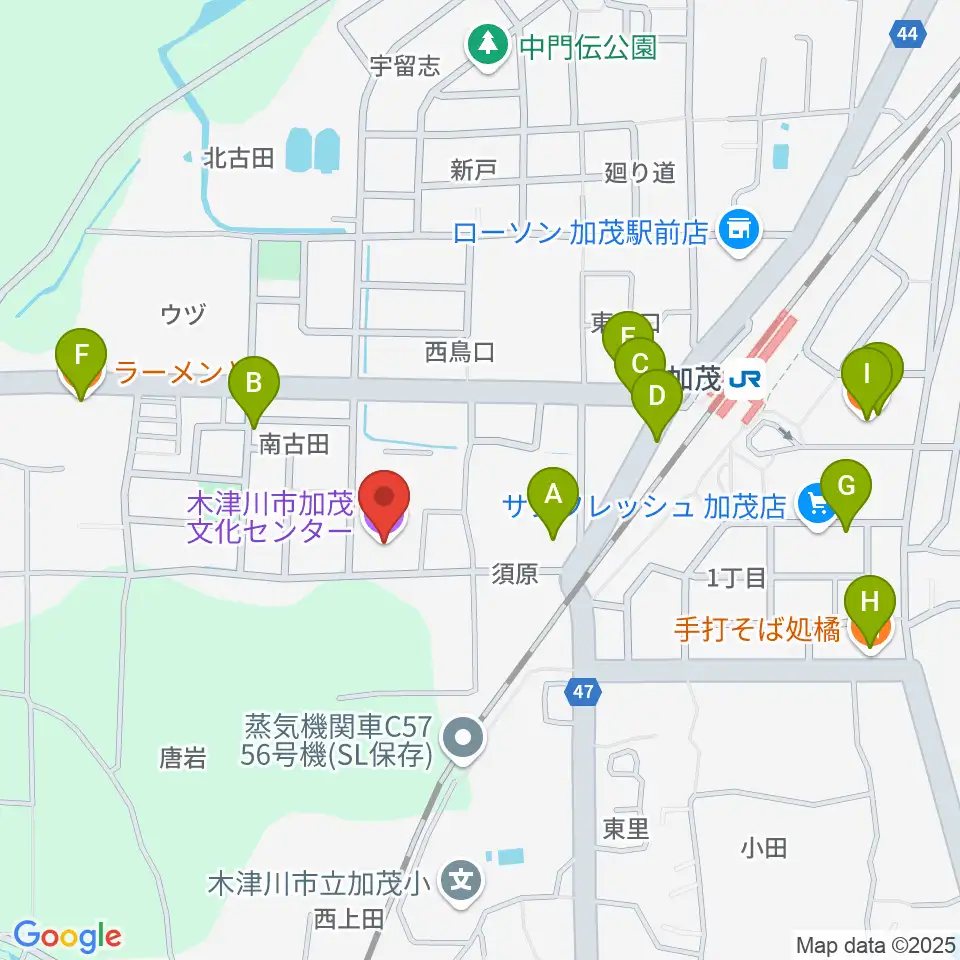 木津川市加茂文化センター あじさいホール周辺のファミレス・ファーストフード一覧地図
