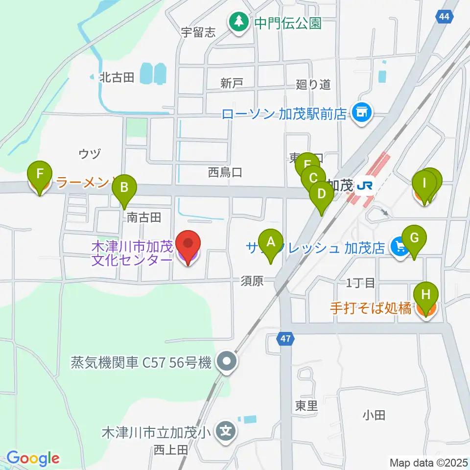 木津川市加茂文化センター あじさいホール周辺のファミレス・ファーストフード一覧地図