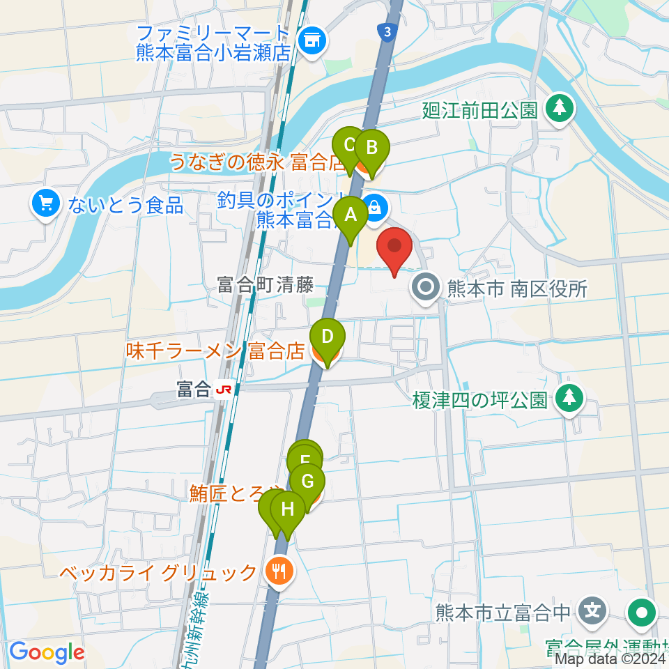 熊本市富合ホール アスパル富合周辺のファミレス・ファーストフード一覧地図