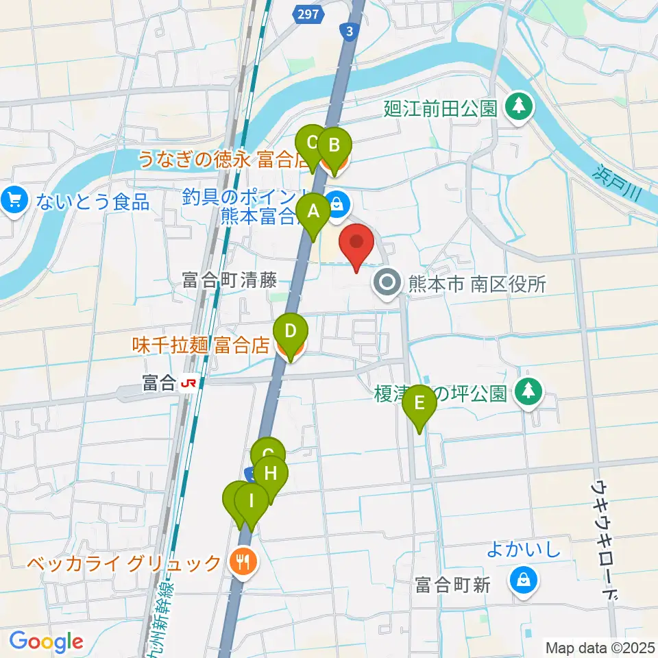 熊本市富合ホール アスパル富合周辺のファミレス・ファーストフード一覧地図