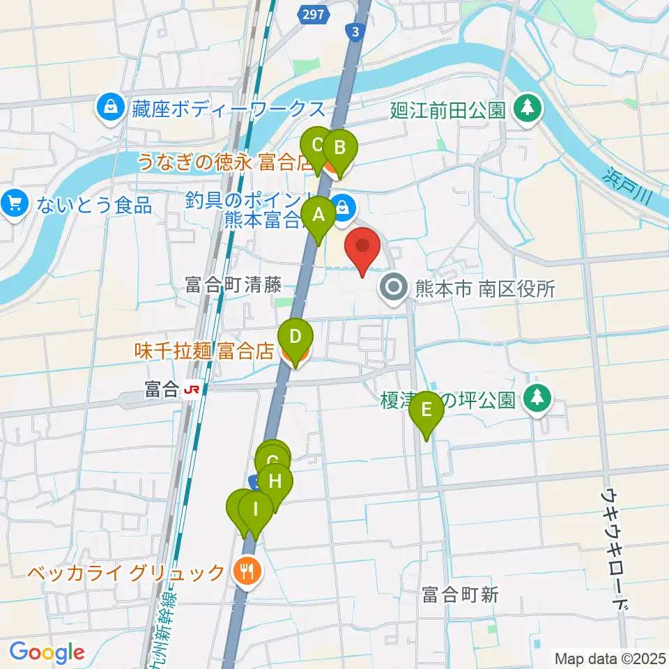 熊本市富合ホール アスパル富合周辺のファミレス・ファーストフード一覧地図
