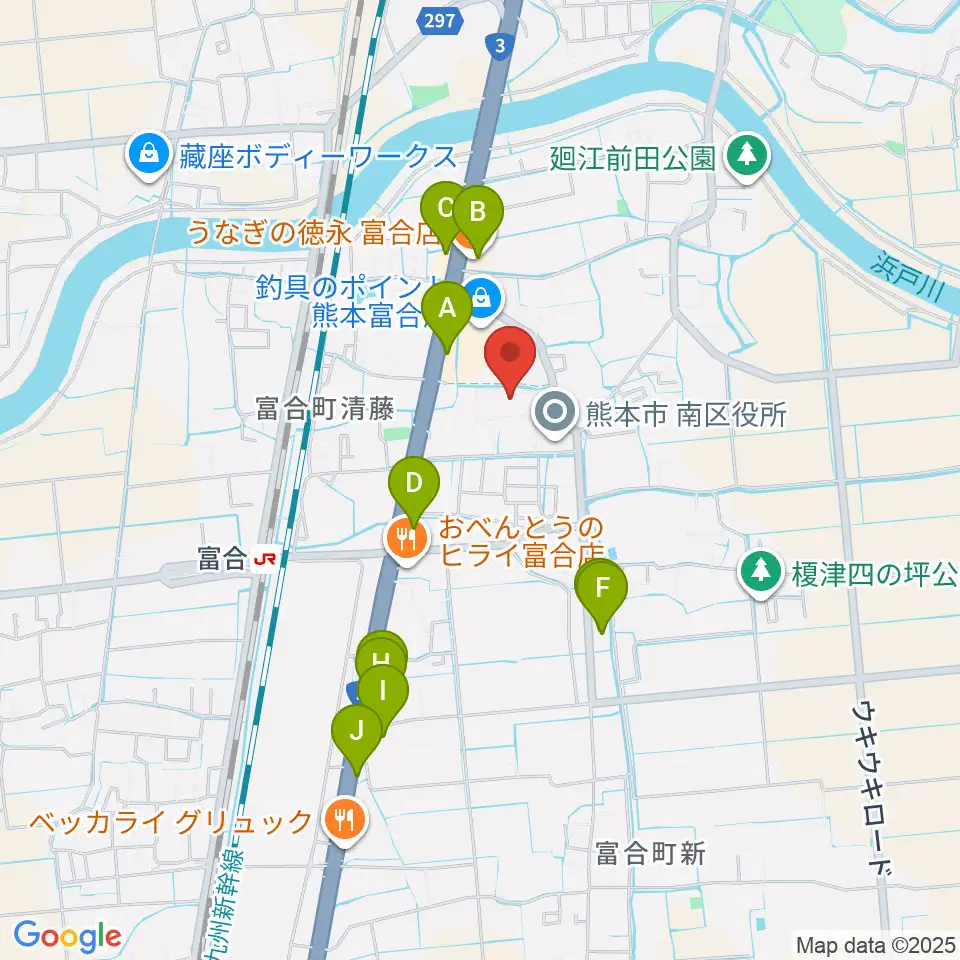 熊本市富合ホール アスパル富合周辺のファミレス・ファーストフード一覧地図