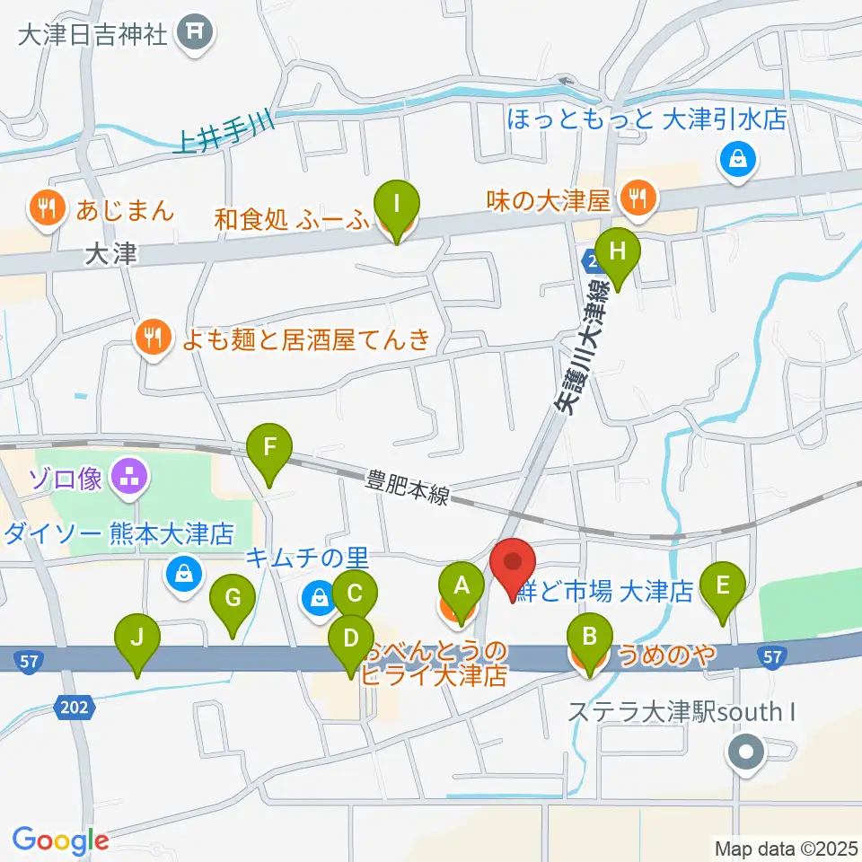 大津町生涯学習センター周辺のファミレス・ファーストフード一覧地図
