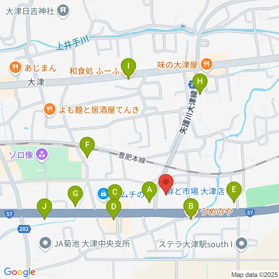 大津町生涯学習センター周辺のファミレス・ファーストフード一覧地図