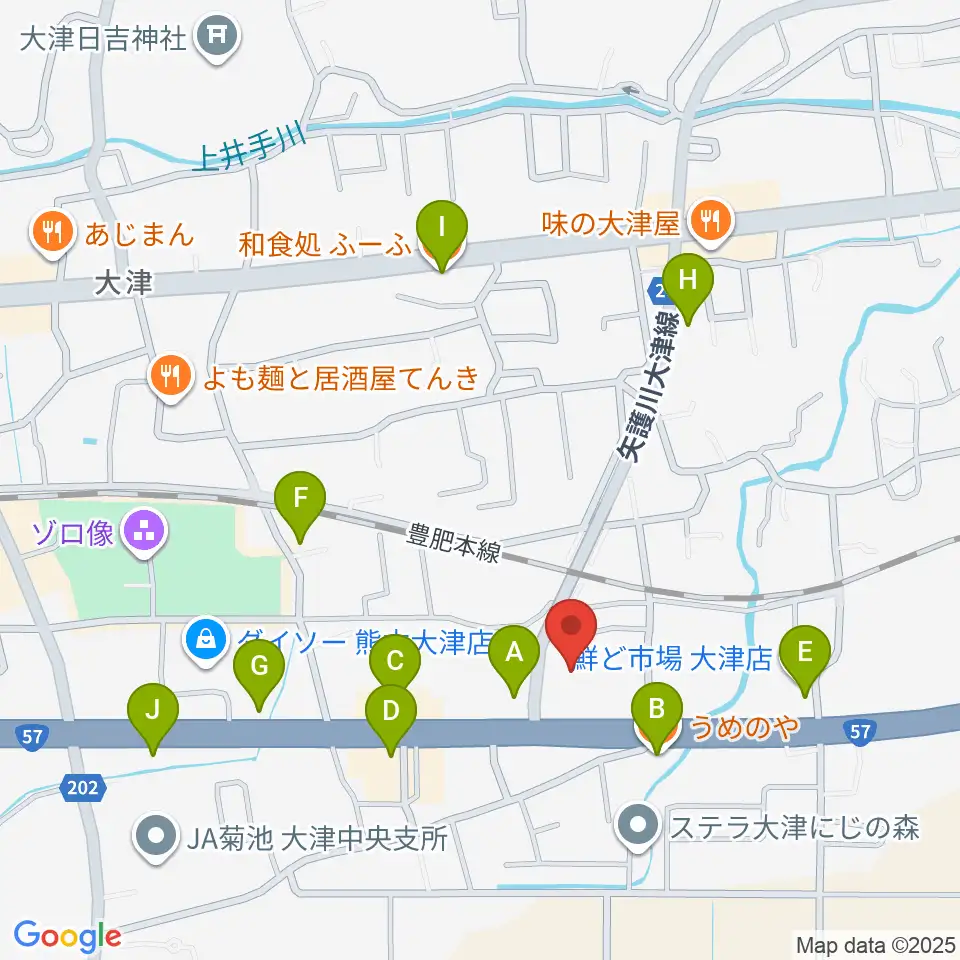 大津町生涯学習センター周辺のファミレス・ファーストフード一覧地図