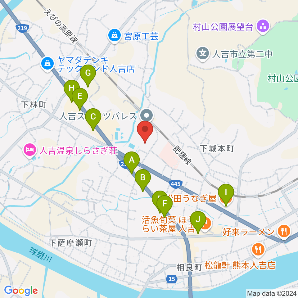 人吉市カルチャーパレス周辺のファミレス・ファーストフード一覧地図