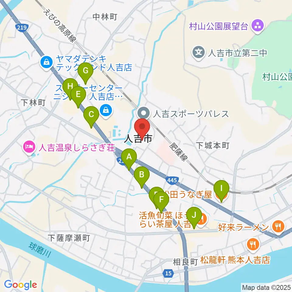 人吉市カルチャーパレス周辺のファミレス・ファーストフード一覧地図