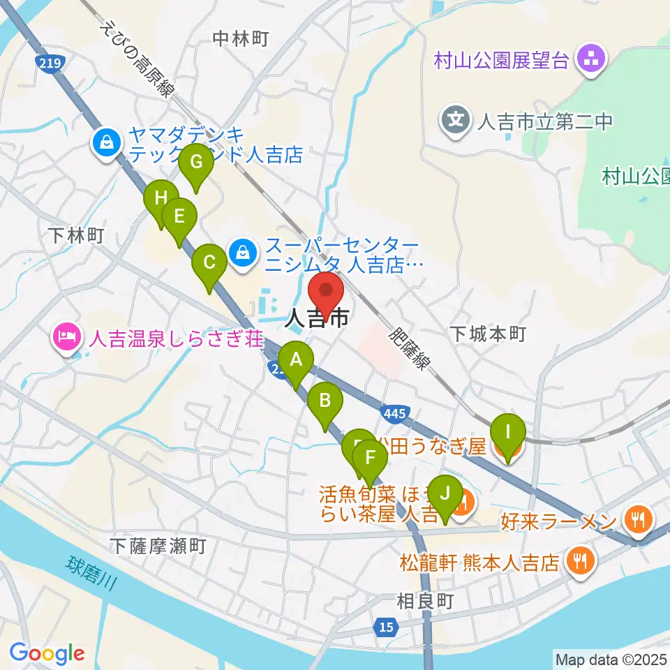 人吉市カルチャーパレス周辺のファミレス・ファーストフード一覧地図