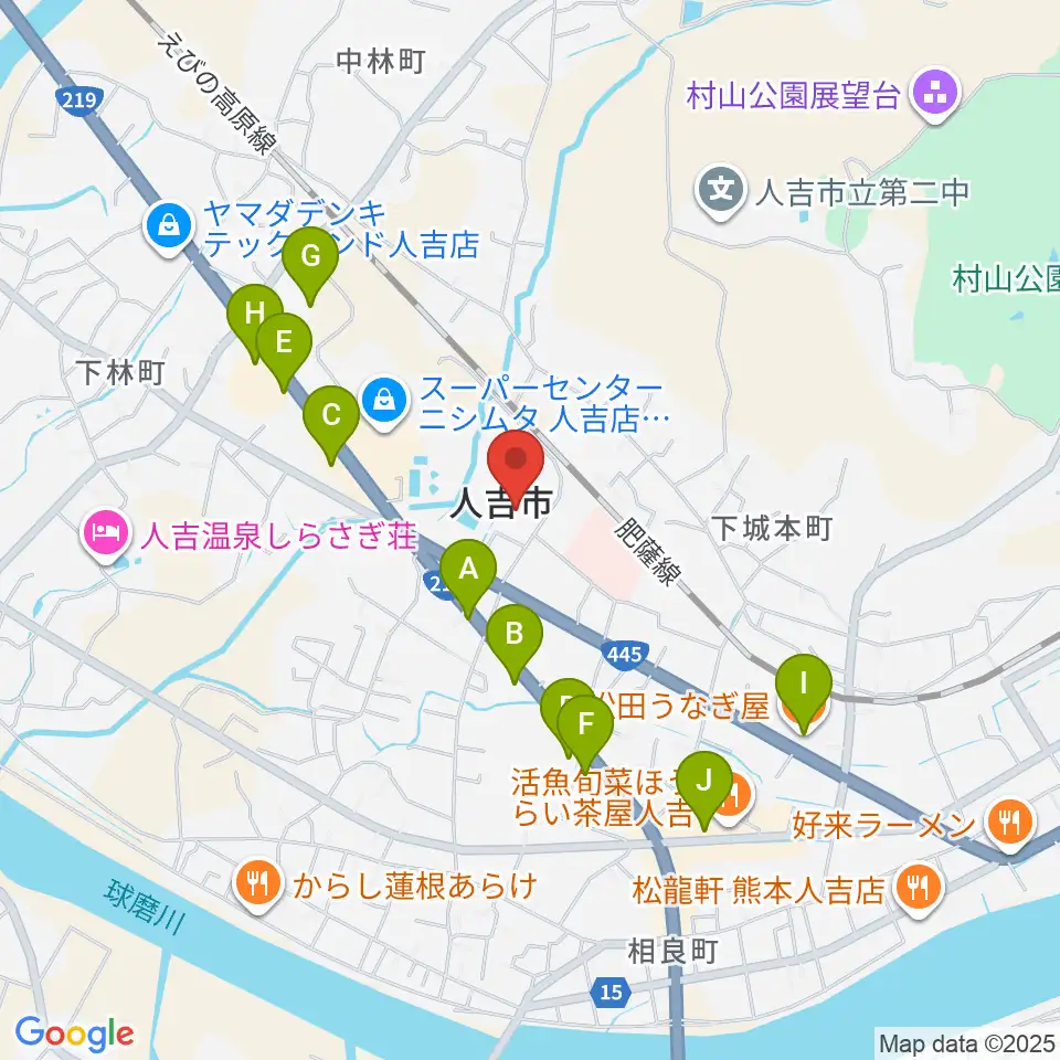 人吉市カルチャーパレス周辺のファミレス・ファーストフード一覧地図