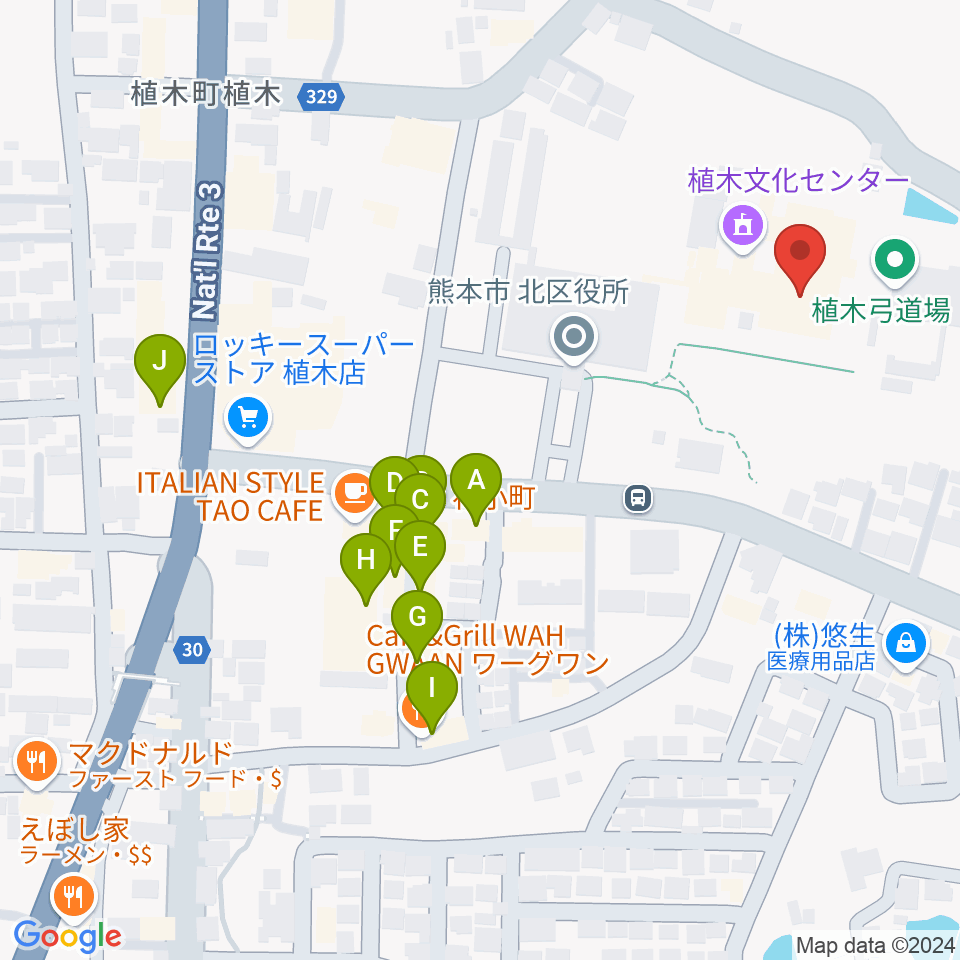 熊本市植木文化ホール周辺のファミレス・ファーストフード一覧地図