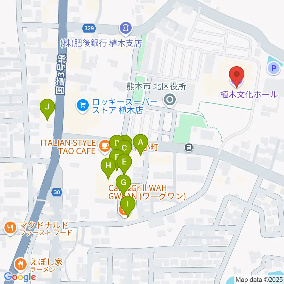 熊本市植木文化ホール周辺のファミレス・ファーストフード一覧地図