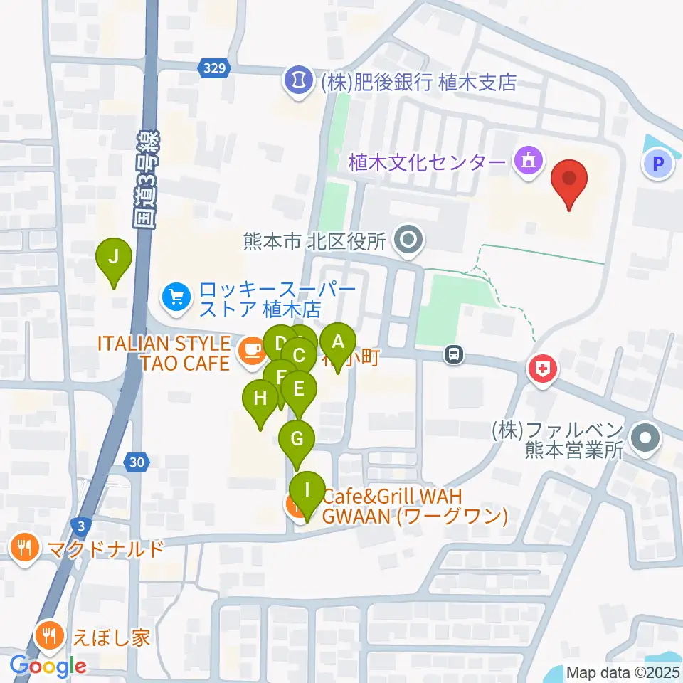 熊本市植木文化ホール周辺のファミレス・ファーストフード一覧地図