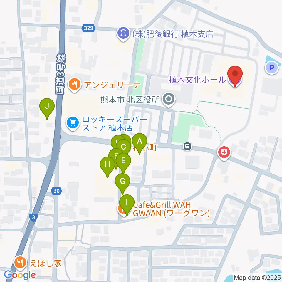 熊本市植木文化ホール周辺のファミレス・ファーストフード一覧地図