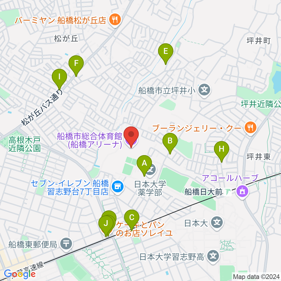 船橋アリーナ周辺のファミレス・ファーストフード一覧地図