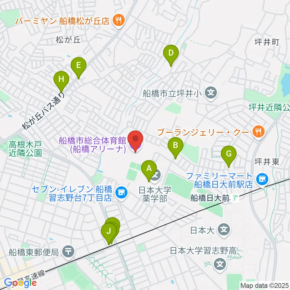 船橋アリーナ周辺のファミレス・ファーストフード一覧地図