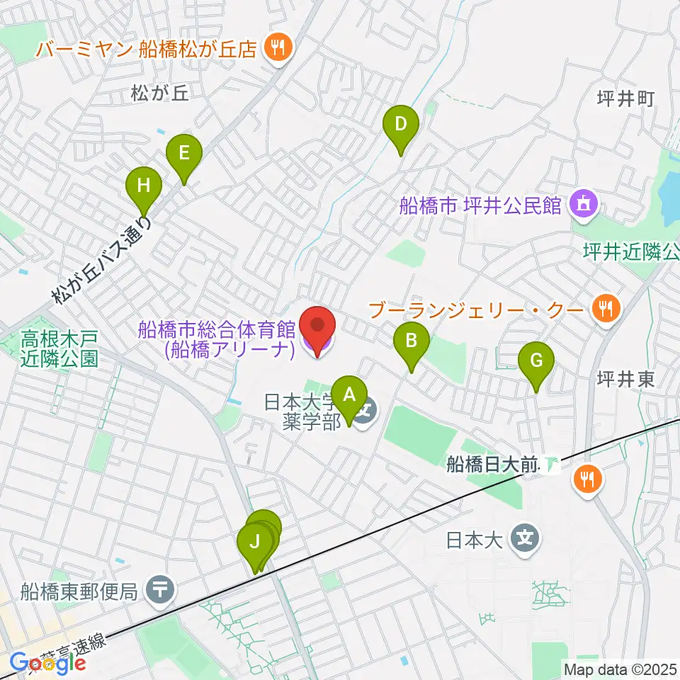 船橋アリーナ周辺のファミレス・ファーストフード一覧地図