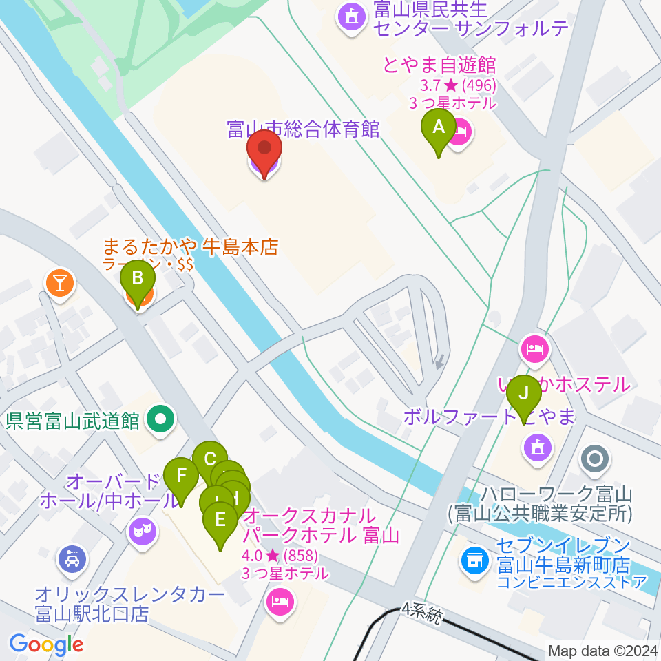 富山市総合体育館周辺のファミレス・ファーストフード一覧地図