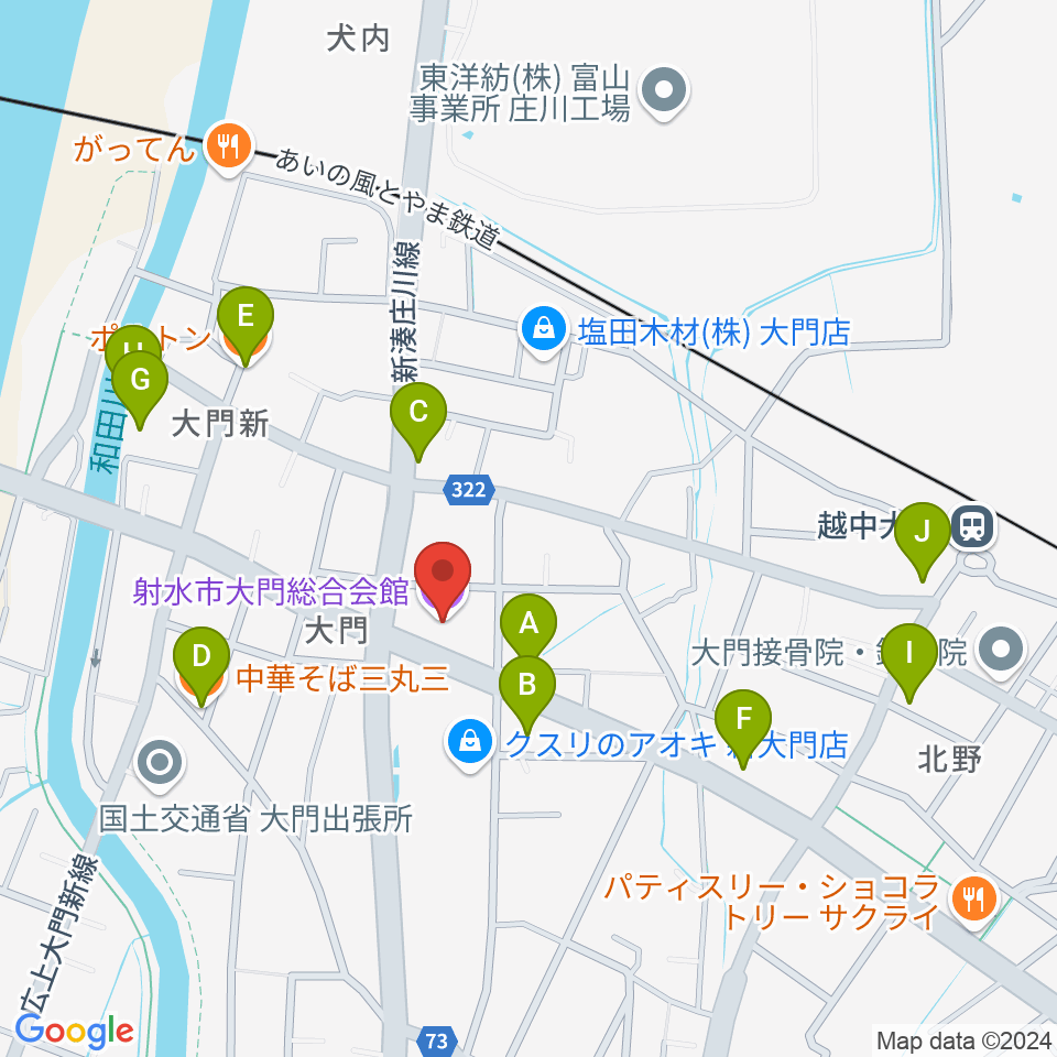 射水市大門総合会館周辺のファミレス・ファーストフード一覧地図