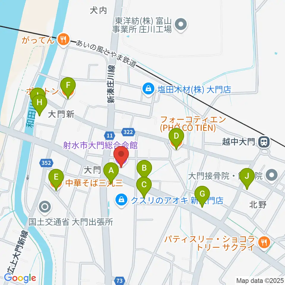 射水市大門総合会館周辺のファミレス・ファーストフード一覧地図
