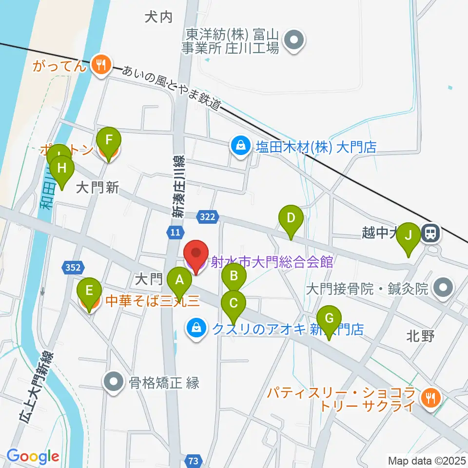 射水市大門総合会館周辺のファミレス・ファーストフード一覧地図