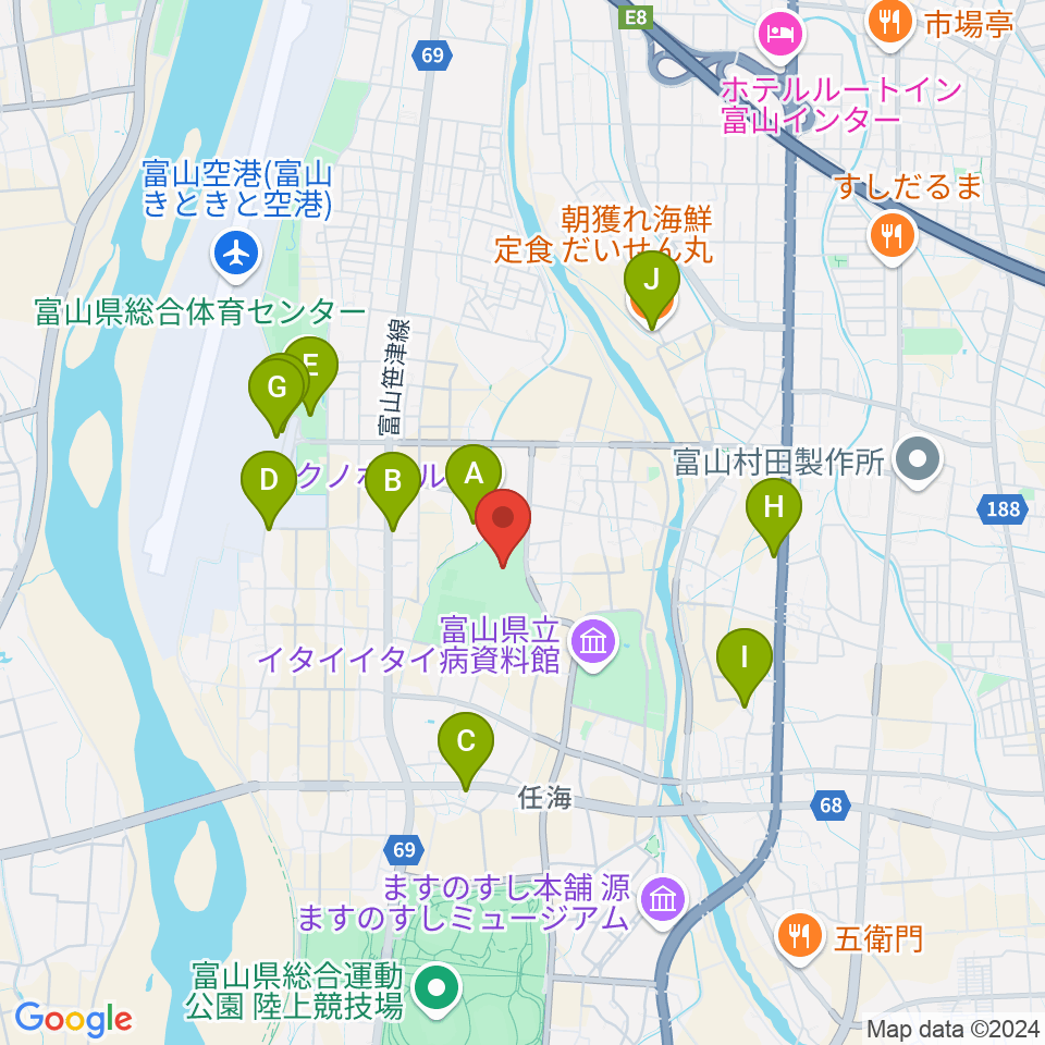 富山能楽堂周辺のファミレス・ファーストフード一覧地図