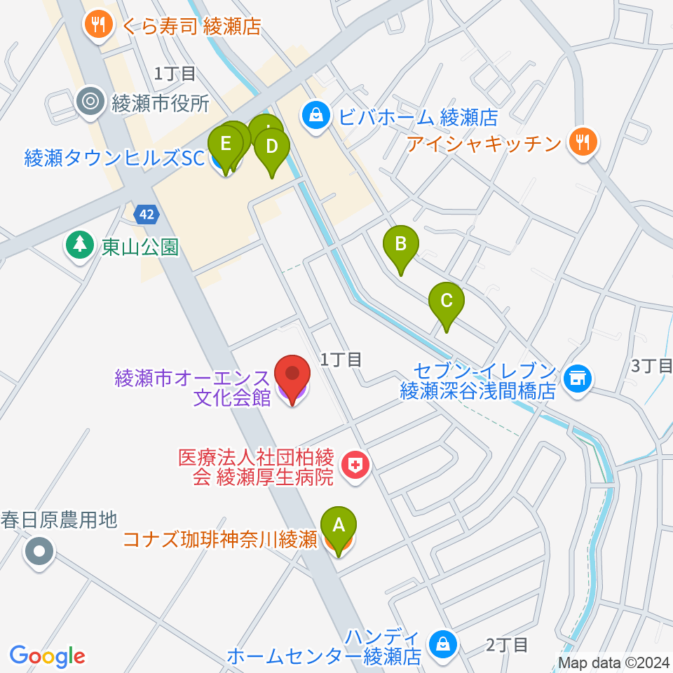 綾瀬市オーエンス文化会館周辺のファミレス・ファーストフード一覧地図