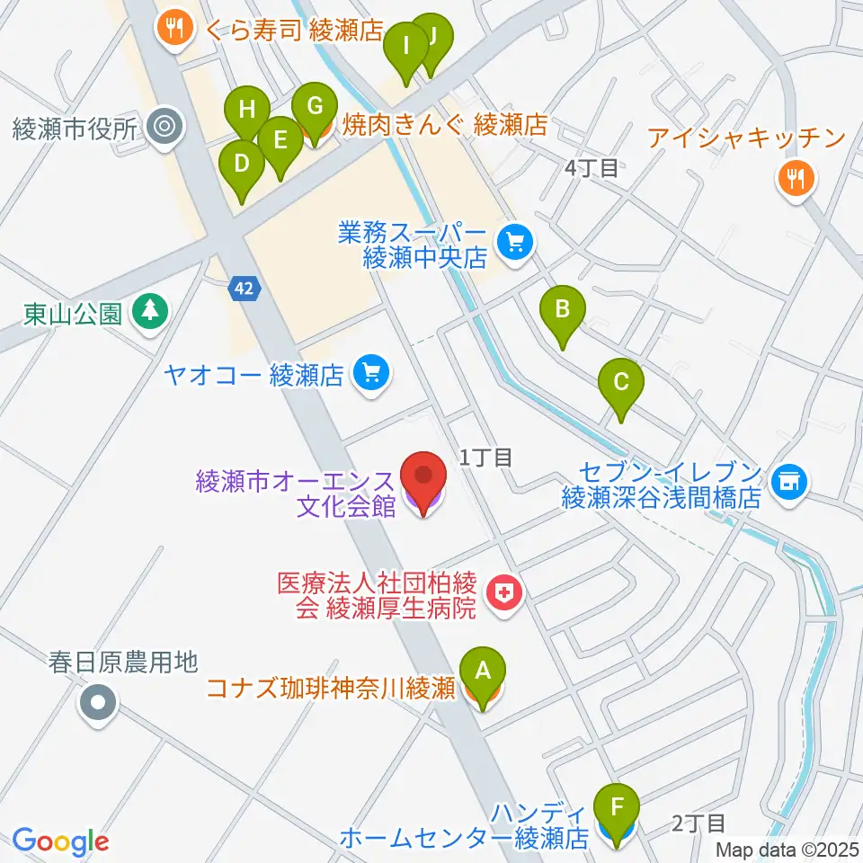 綾瀬市オーエンス文化会館周辺のファミレス・ファーストフード一覧地図