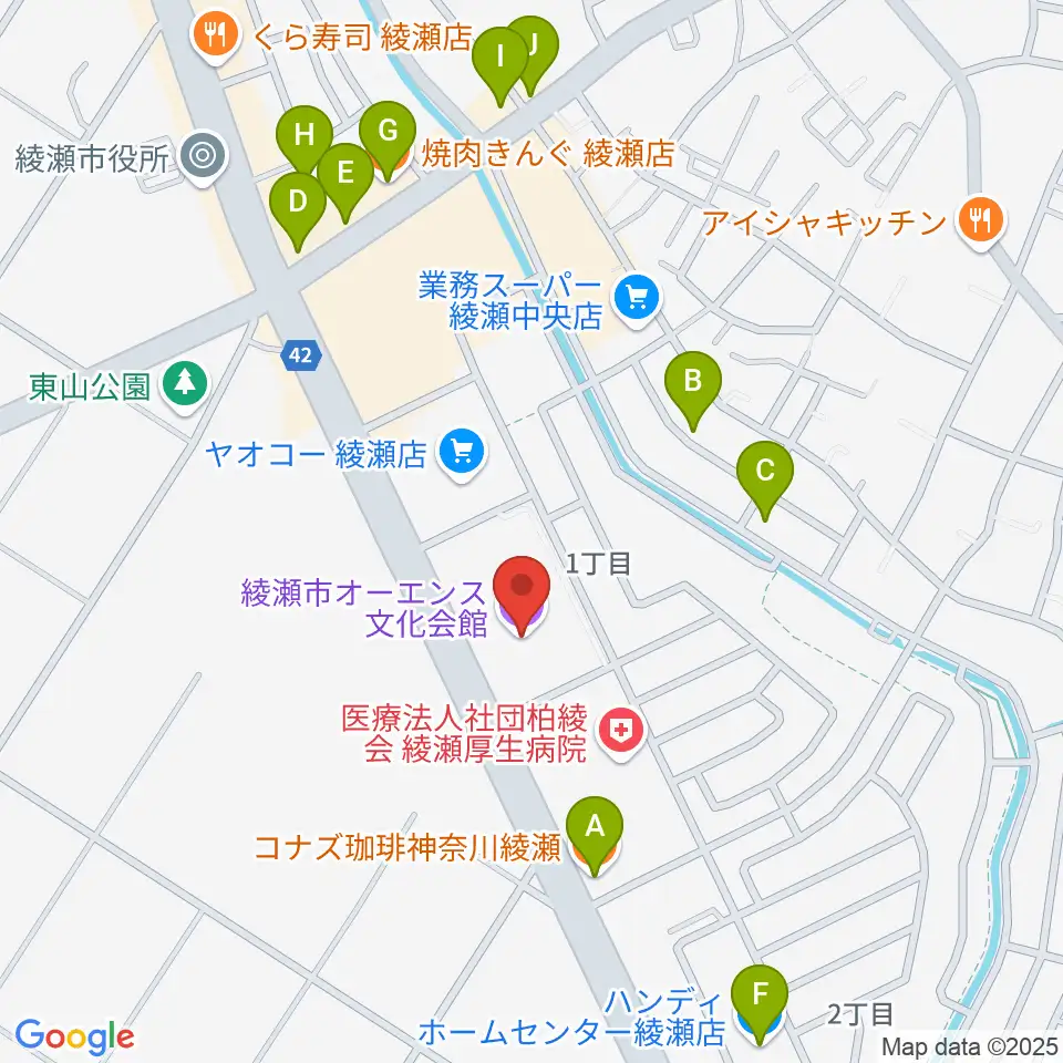 綾瀬市オーエンス文化会館周辺のファミレス・ファーストフード一覧地図