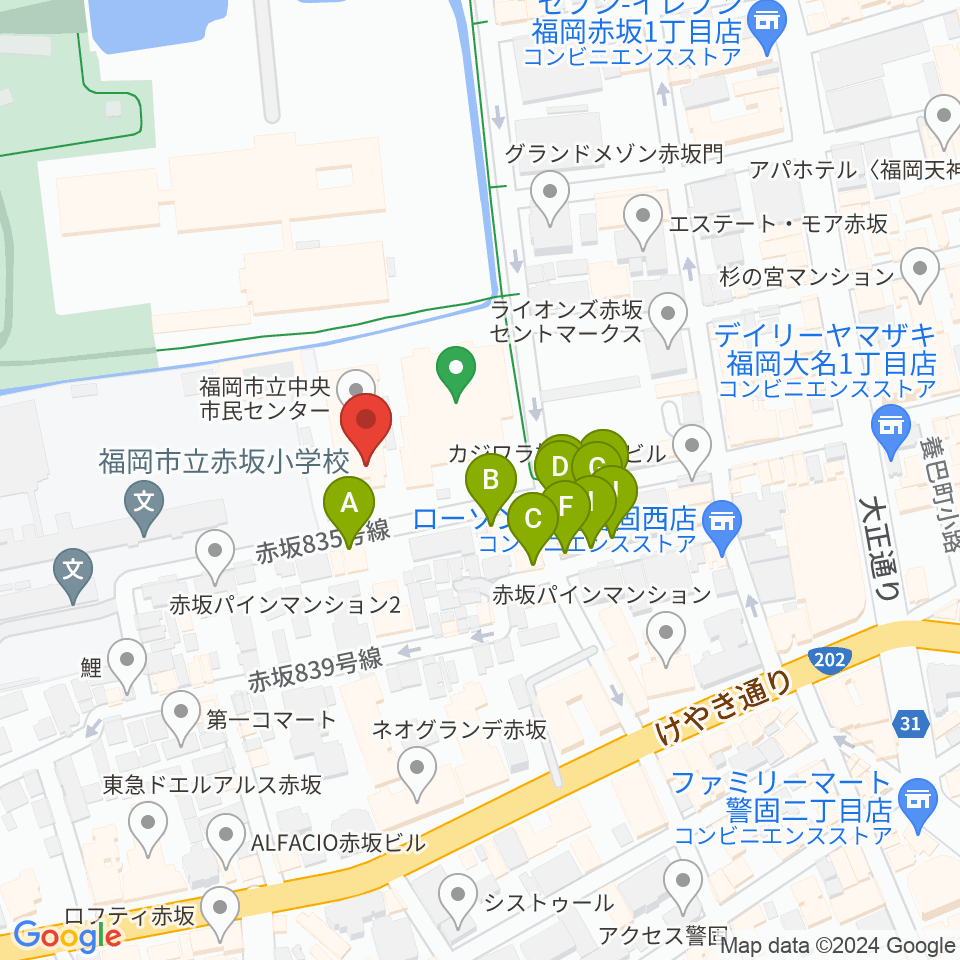福岡市立中央市民センター周辺のファミレス・ファーストフード一覧地図