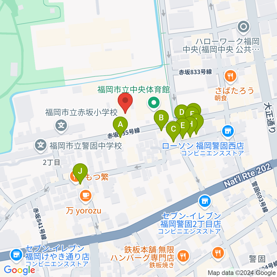 福岡市立中央市民センター周辺のファミレス・ファーストフード一覧地図