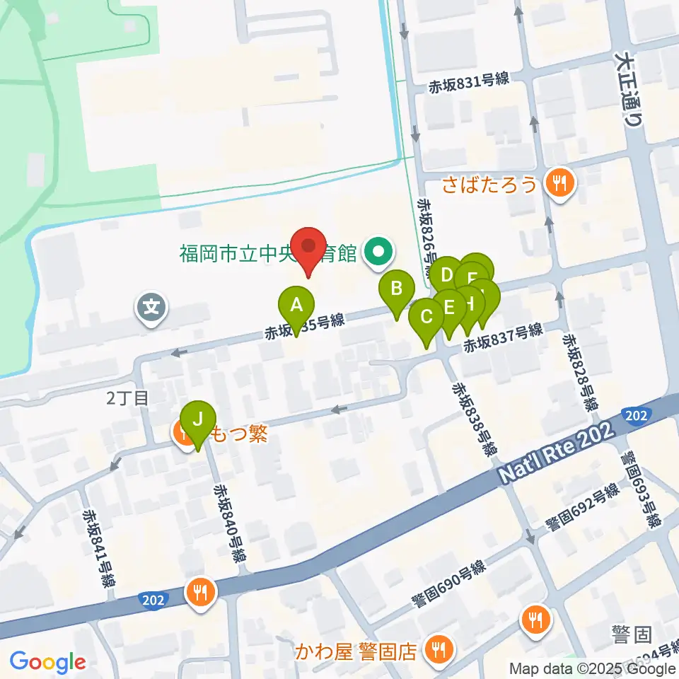 福岡市立中央市民センター周辺のファミレス・ファーストフード一覧地図
