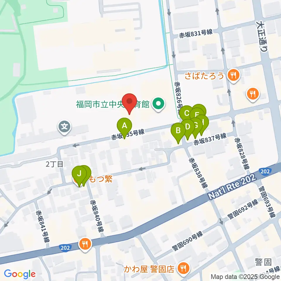 福岡市立中央市民センター周辺のファミレス・ファーストフード一覧地図
