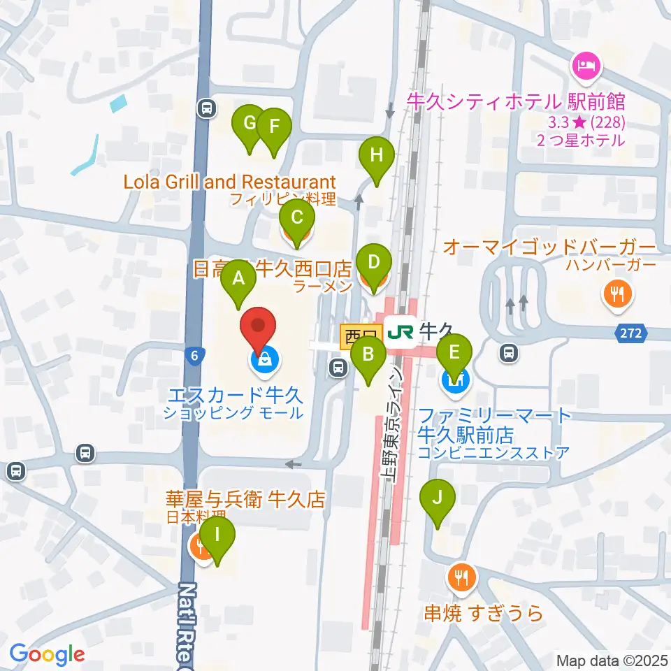 牛久市エスカード生涯学習センター周辺のファミレス・ファーストフード一覧地図