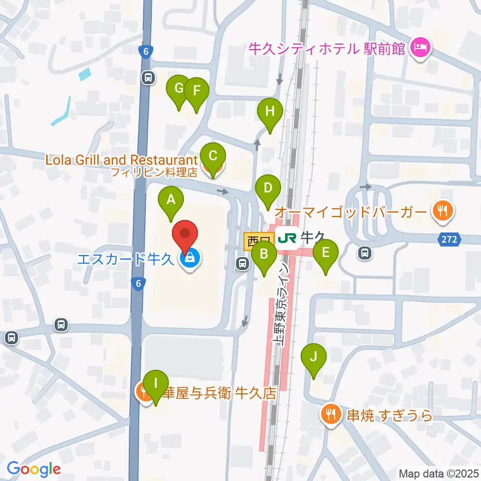 牛久市エスカード生涯学習センター周辺のファミレス・ファーストフード一覧地図