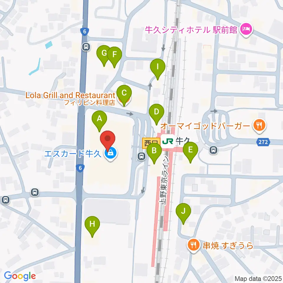 牛久市エスカード生涯学習センター周辺のファミレス・ファーストフード一覧地図