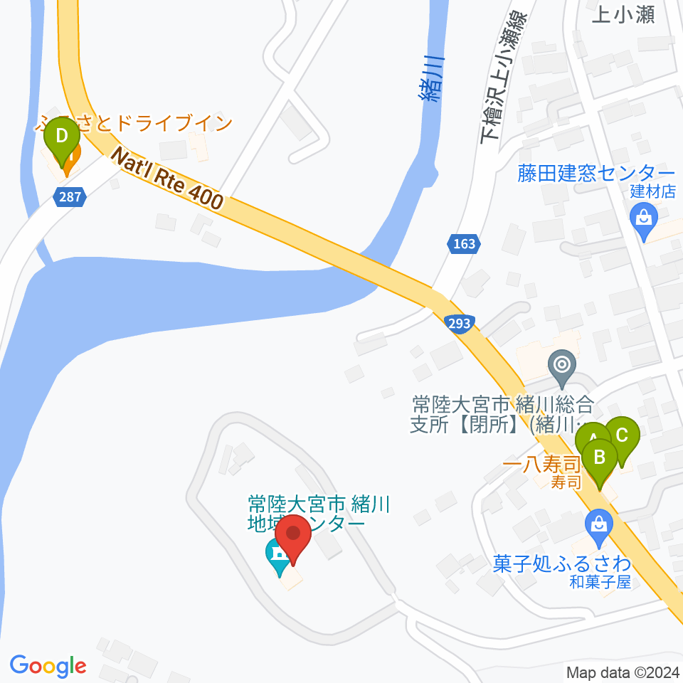 常陸大宮市緒川地域センター周辺のファミレス・ファーストフード一覧地図