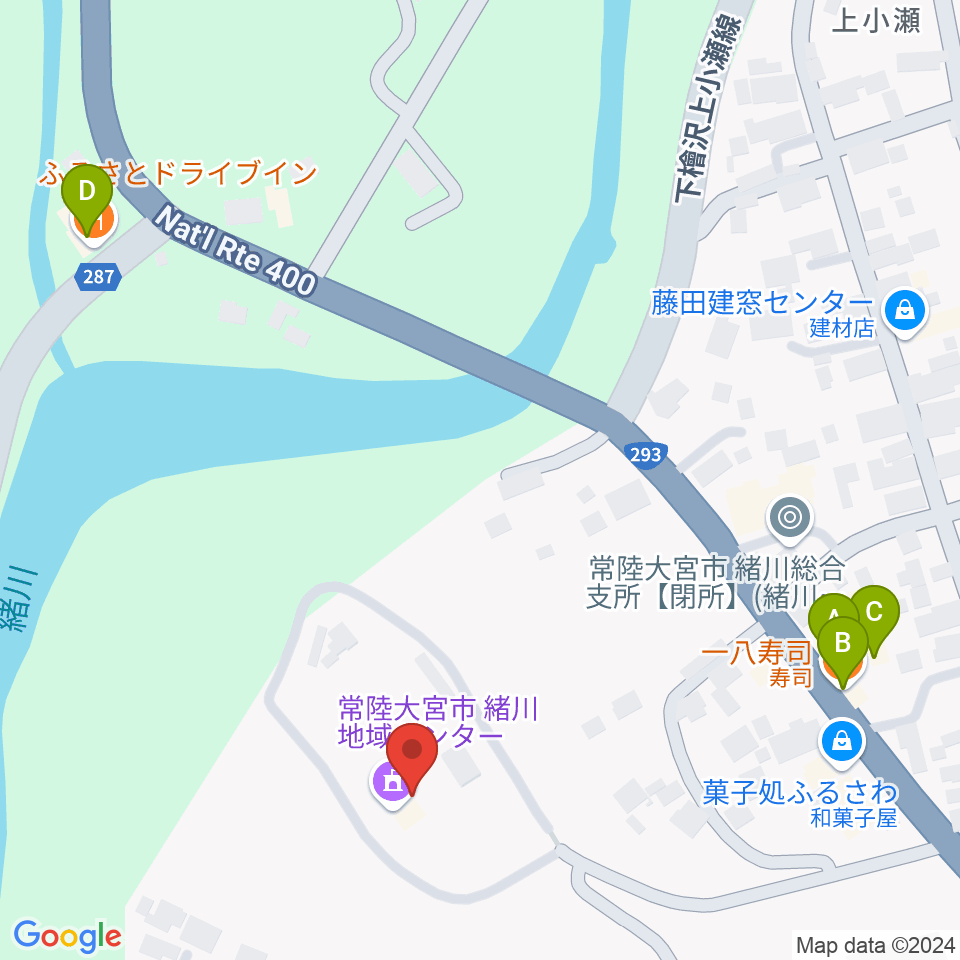 常陸大宮市緒川地域センター周辺のファミレス・ファーストフード一覧地図