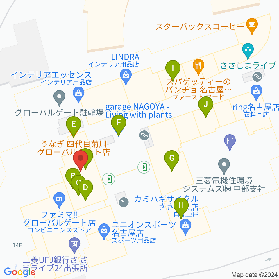 音楽天国 名古屋ささしまライブ店周辺のファミレス・ファーストフード一覧地図