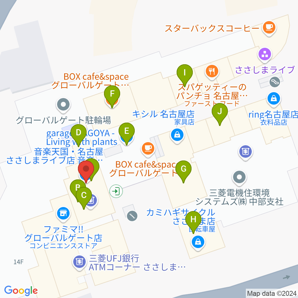 音楽天国 名古屋ささしまライブ店周辺のファミレス・ファーストフード一覧地図