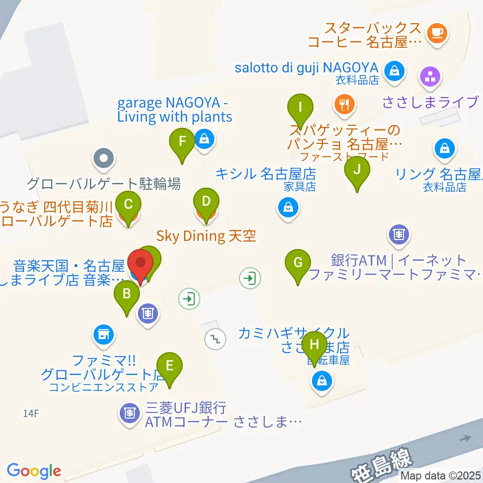 音楽天国 名古屋ささしまライブ店周辺のファミレス・ファーストフード一覧地図