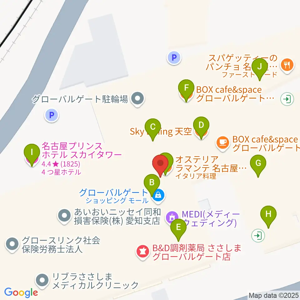 音楽天国 名古屋ささしまライブ店周辺のファミレス・ファーストフード一覧地図