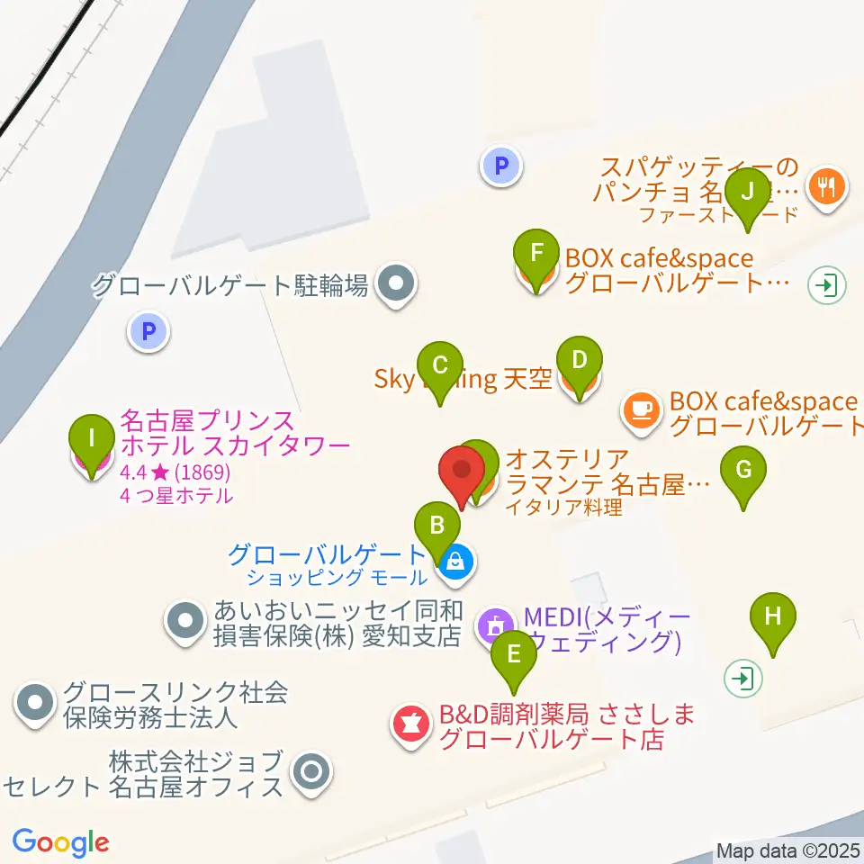 音楽天国 名古屋ささしまライブ店周辺のファミレス・ファーストフード一覧地図