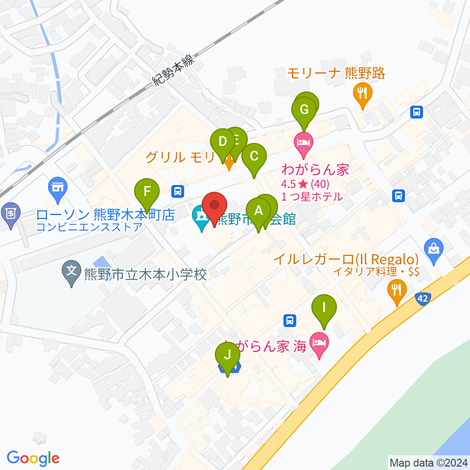 熊野市民会館周辺のファミレス・ファーストフード一覧地図