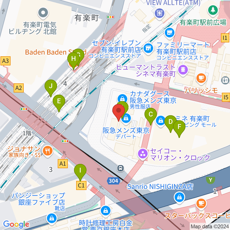 ヒューリックホール東京周辺のファミレス・ファーストフード一覧地図